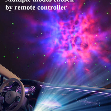 Galaxy Star Projector in action, projecting colorful nebula effects and green stars inside a vehicle.
