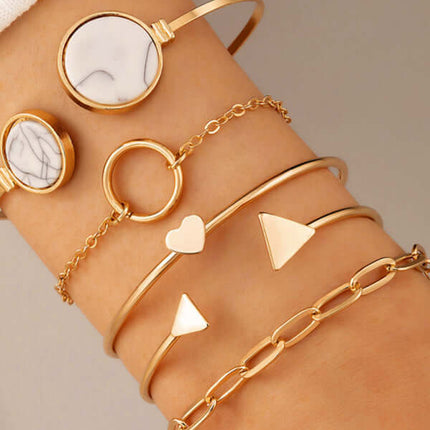 Geometric Love Triangle Five Piece Open Bracelet Set Women close up