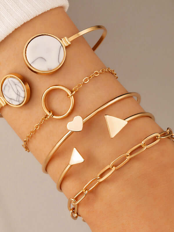 Geometric Love Triangle Five Piece Open Bracelet Set Women close up