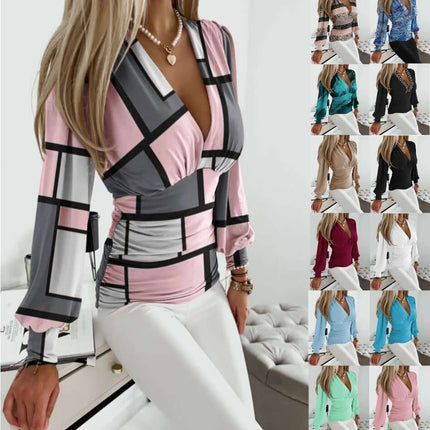 Geometric Print Shirt Fashion V-neck Long-sleeved Tops women clothing