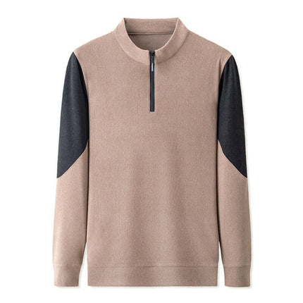 German Velvet Stand Collar Long Sleeve Pullover in beige and black featuring a half zipper design.