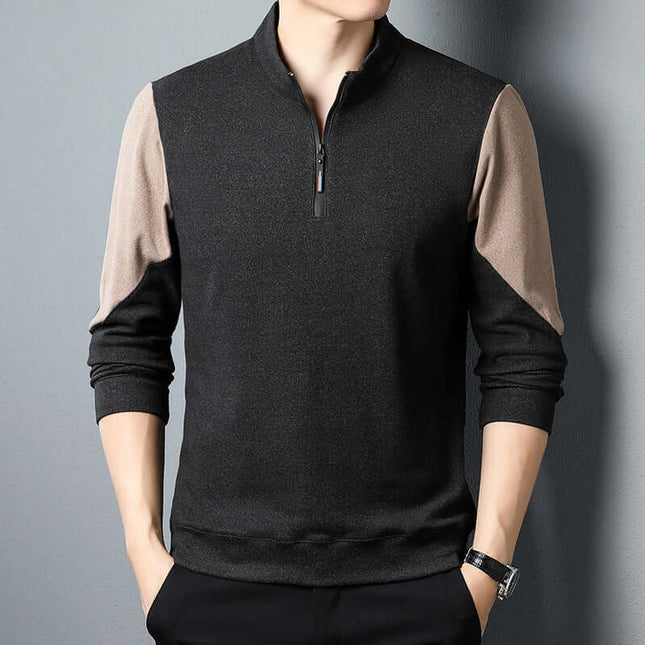 German Velvet Stand Collar Long Sleeve Pullover displayed on a model with a half-zip design and contrasting sleeve colors.