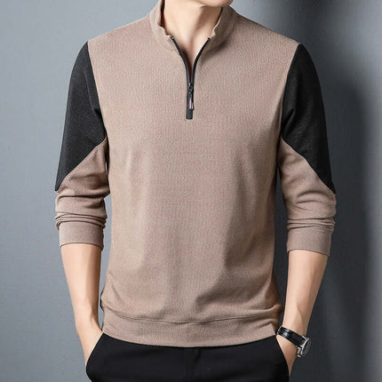 German Velvet Stand Collar Long Sleeve Pullover in a stylish design, featuring a half-zip and contrasting sleeves.