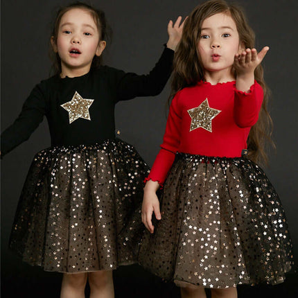 Girls Princess Dress red embroidered stars.