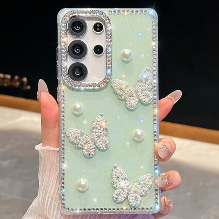 Glitter Powder Pearl Butterfly Rhinestone Phone Case featuring sparkling butterflies and pearls on a mint green background.
