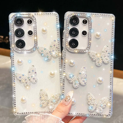 Glitter Powder Pearl Butterfly Rhinestone Phone Case featuring a glamorous design with sparkling butterflies and pearl accents.