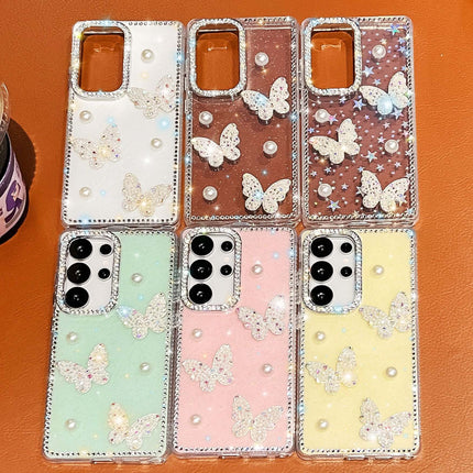 Glitter Powder Pearl Butterfly Rhinestone Phone Case collection showcasing various colors and butterfly designs with rhinestones.