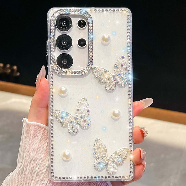 Glitter Powder Pearl Butterfly Rhinestone Phone Case featuring sparkling butterflies and rhinestones on a clear background.