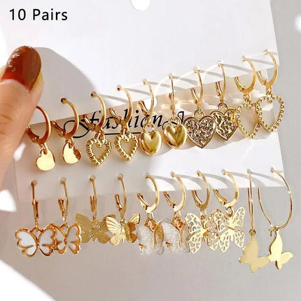 Gold Butterfly Heart Hoop Earrings Set 10 Pairs front display