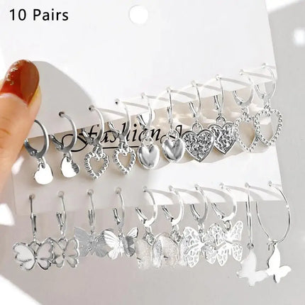 Gold Butterfly Heart Hoop Earrings Set 10 Pairs butterfly design detail