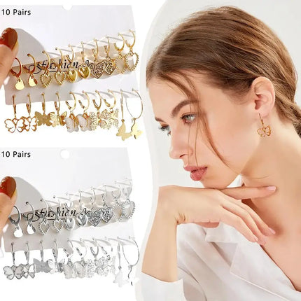 Gold Butterfly Heart Hoop Earrings Set 10 Pairs heart shaped earrings