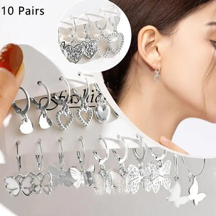 Gold Butterfly Heart Hoop Earrings Set 10 Pairs hollow hoop style
