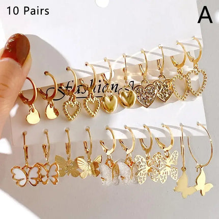 Gold Butterfly Heart Hoop Earrings Set 10 Pairs feminine fashion style