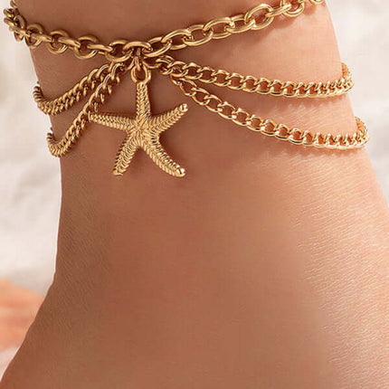 Gold Heart Snake Charm Tassel Layered Anklet Set for Women heart chain