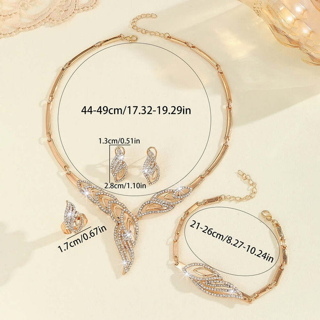 Gold Leaf Diamond Encrusted Necklace Earrings Set detailed plant leaf shape rhinestone encrusted pave pattern view