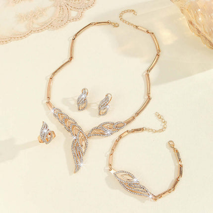 Gold Leaf Diamond Encrusted Necklace Earrings Set elegant matching hanging drop earrings pair with comfort backings