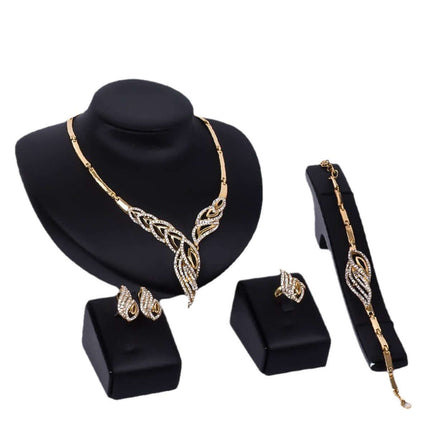 Gold Leaf Diamond Encrusted Necklace Earrings Set magnificent 4 piece women bridal luxury ensemble on satin