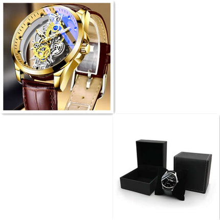 Luminous Skeleton Quartz Watch for Men black leather version