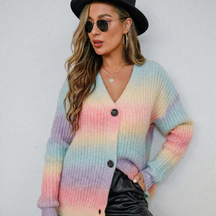 Rainbow Gradient Knit Button Cardigan close up knit texture
