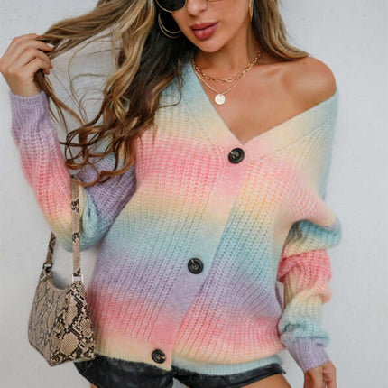 Rainbow Gradient Knit Button Cardigan front view colorful design