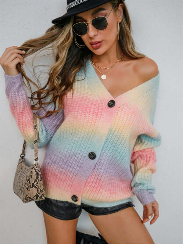 Rainbow Gradient Knit Button Cardigan front view colorful design