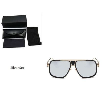 Grandmaster Square Sunglasses Men UV400 Driving in Silver Set with case and cleaning cloth