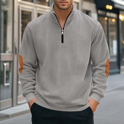 Half Zipper Men Long-sleeved Corduroy Sweater apricot casual sweatshirt.