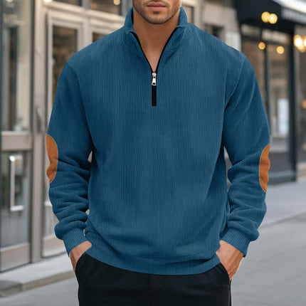 Half Zipper Men Long-sleeved Corduroy Sweater polyester fiber material.