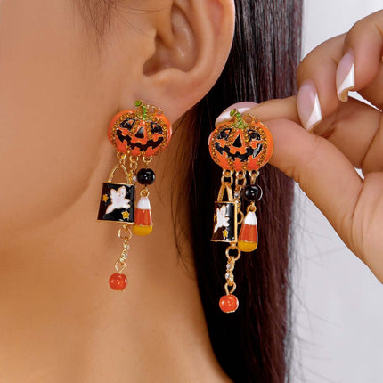 Halloween Earrings Pumpkin And Ghost Tassels Spooky Design