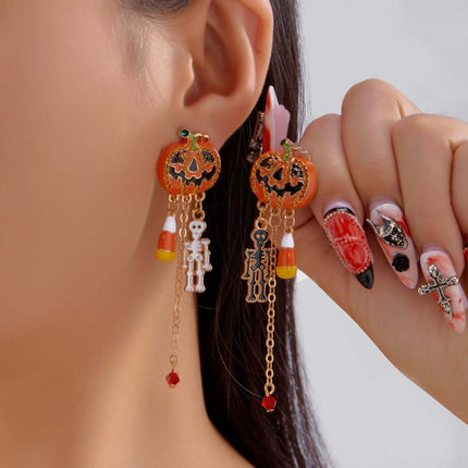 Halloween Earrings Pumpkin And Ghost Tassels Unique Jewelry Style