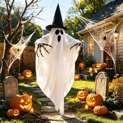 Halloween Ghost Skull Glowing Wizard Hat Decoration Eerie Seasonal Accent