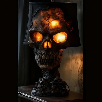 Halloween Lava Stone Skull Lamp with glowing eyes and cracked design.