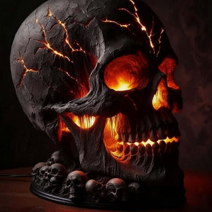 Halloween Lava Stone Skull Lamp with glowing orange accents and intricate design features, perfect for Halloween decor.
