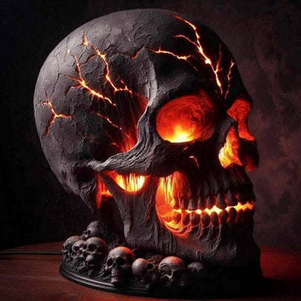 Halloween Lava Stone Skull Lamp with glowing cracks and skull base.