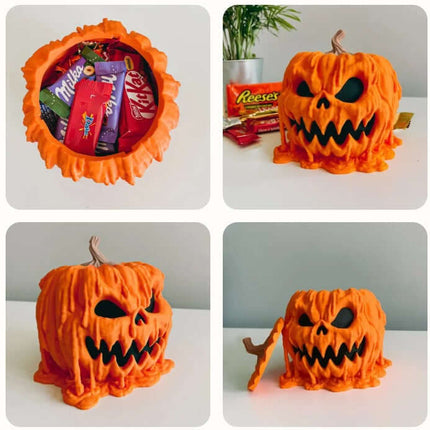 Halloween Melting Pumpkin Candy Bowl With Lid filled with assorted candies including Reese's and Milky Way.
