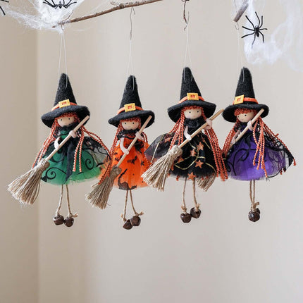 Halloween Mesh Broom Witch Angel Hanging Pendant Decor featuring four colorful witch decorations with brooms and hats.