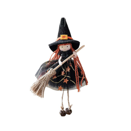Halloween Mesh Broom Witch Angel Hanging Pendant Decor featuring a cute witch with an orange braided hairstyle and a broom.