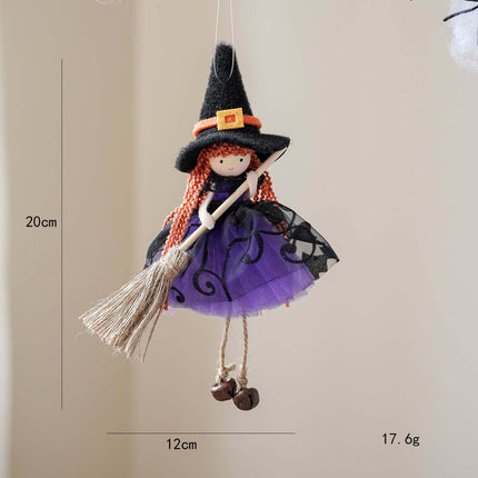 Halloween Mesh Broom Witch Angel Hanging Pendant Decor featuring a witch with a broom in a purple dress.