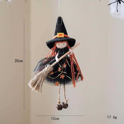 Halloween Mesh Broom Witch Angel Hanging Pendant Decor with orange hair, black dress, and broom, perfect for Halloween decoration.