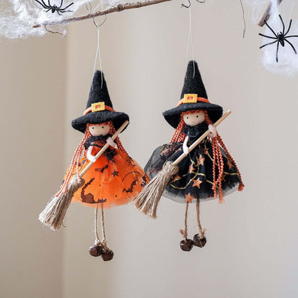 Halloween Mesh Broom Witch Angel Hanging Pendant Decor featuring two witch dolls with broomsticks and festive costumes.