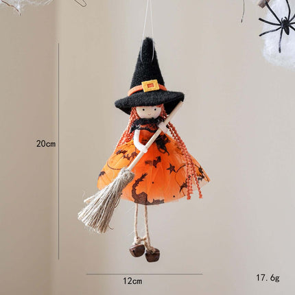 Halloween Mesh Broom Witch Angel Hanging Pendant Decor with a doll in an orange dress and black hat, holding a broom.