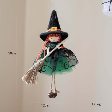 Halloween Mesh Broom Witch Angel Hanging Pendant Decor featuring a cute witch with a broom in a green dress and black hat.