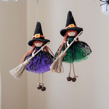 Halloween Mesh Broom Witch Angel Hanging Pendant Decor featuring adorable witch dolls with brooms in purple and green costumes.