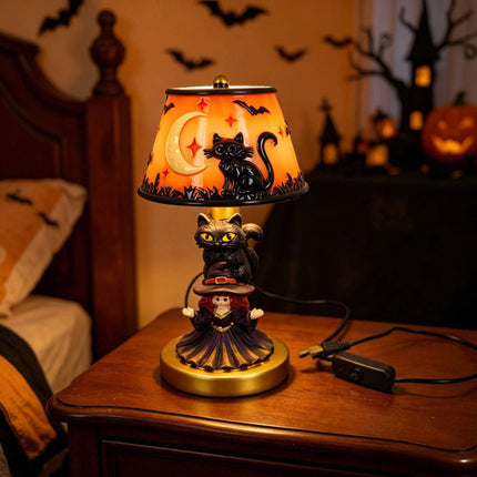 Halloween Night Light USB Powered Pumpkin Lamp with black cat design and witch figurine, perfect for spooky decor.