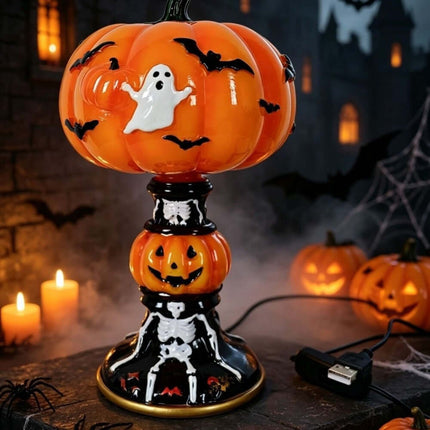Halloween Night Light USB Powered Pumpkin Lamp with ghost and bats design, perfect for festive Halloween decor.