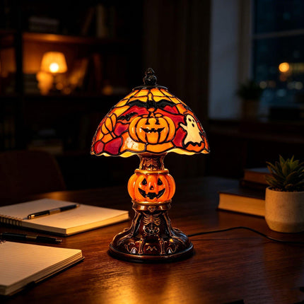 Halloween Night Light USB Powered Pumpkin Lamp illuminated on a desk with a cozy atmosphere and festive pumpkin design.