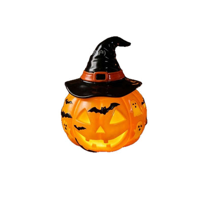 Halloween Night Light USB Powered Pumpkin Lamp with witch hat and spooky designs.