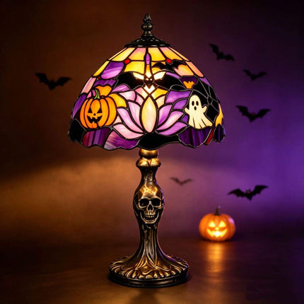 Halloween Night Light USB Powered Pumpkin Lamp with colorful stained glass shade featuring pumpkins and ghosts.