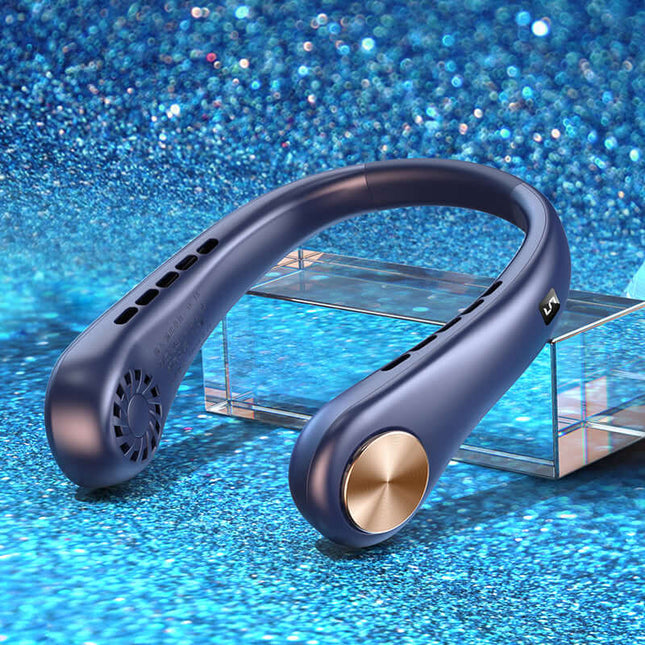 Hands-Free Portable Bladeless Rechargeable Neck Fan displayed against a sparkling blue background.