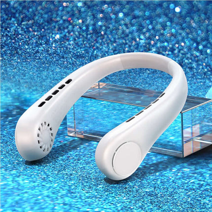 Hands-Free Portable Bladeless Rechargeable Neck Fan displayed on a sparkling blue background.